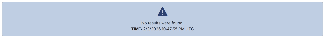 Error message reading 'No results were found' with a timestamp.