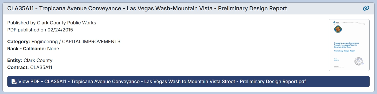 Result card for a document titled 'Tropicana Avenue Conveyance - Las Vegas Wash - Mountain Vista - Preliminary Design Report.'