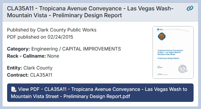 Result card for a document titled 'Tropicana Avenue Conveyance - Las Vegas Wash - Mountain Vista - Preliminary Design Report.'